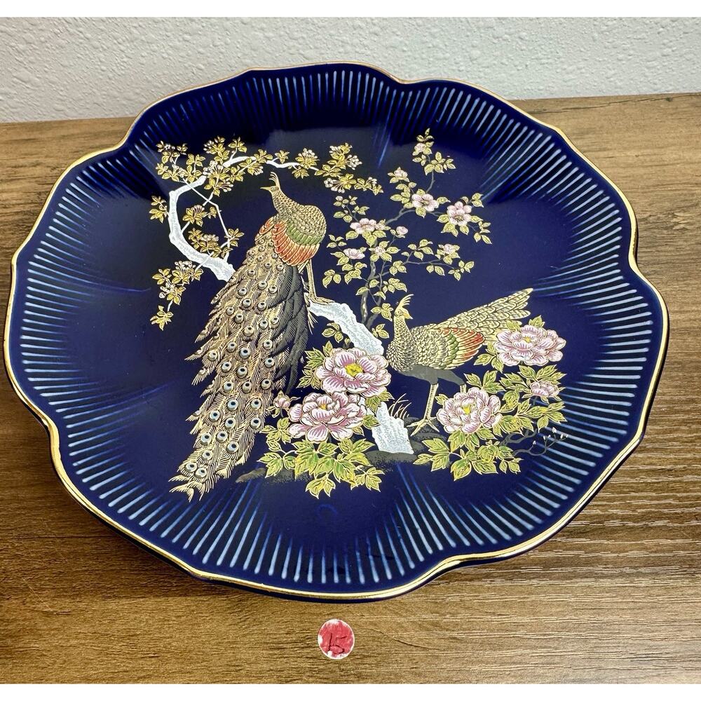 Vintage Kitatani Japan Peacock Plate Cobalt Blue Gold Rim 8”